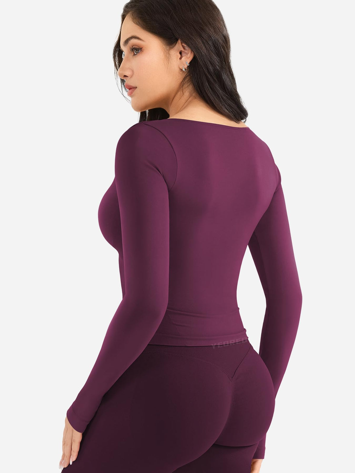 YEOREO CoreFlex Long Sleeve Workout Tops for Women Padded Deep V Neck Double Lined Impact Tops Slim Fit Gym Athletic Shirts Black Cherry L