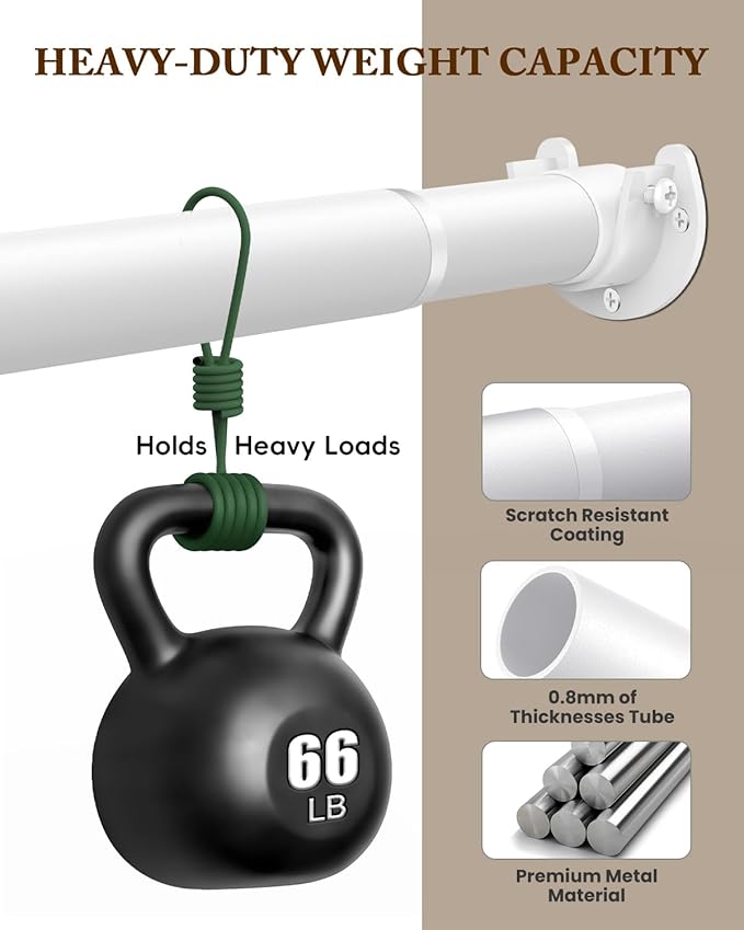 Closet Rod 17-69 IN, Heavy Duty Closet Rods for Hanging Clothes, Adjustable Closet Rods for Wardrobes Storage Laundry RV Bathroom, Easy Install, White