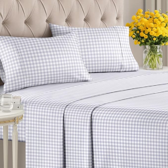 Grey Gingham Sheets - 1 Flat & 1 Fitted Sheet & 2 Pillowcases w/ Deep Pockets – Grid, Plaid, Checkered Pattern Bed Set - Wrinkle & Fade Resistant - Ultra-Soft, Breathable and Cooling - King Size