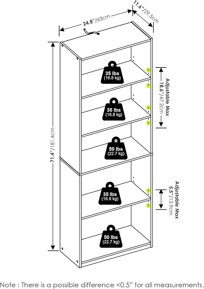 Furinno GEHRY Book Shelf, 5-Tier Bookshelf, Bookcase with Adjustable Shelves, 11.6 x 24.8 x 71.4, for Living Room, Bedroom, Home Office, Amber Pine