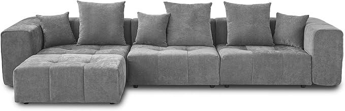 JACH 144.1 Inch L-Shaped Modular Sofas, Modern 3-Seater Couch with Chaise Ottoman, Mid Century Modern Sectional Couches, Cozy Sleeper Sofa for Apartment/Living Room (Linen Fabric, Grey)