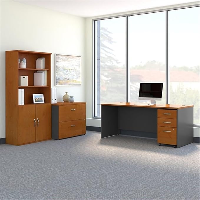 Bush Business Furniture Series C 72W Office Desk with Bookcase and File Cabinets in Natural Cherry