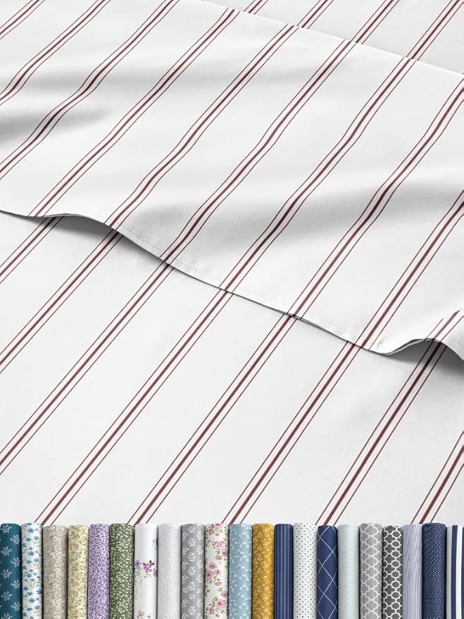 Striped Sheets - Red & White Striped Sheets - 1 Flat & 1 Fitted & 1 Pillowcase w/ Deep Pockets – Wrinkle & Fade Resistant - Soft, Breathable & Cooling – Luxury Pinstripe Bedding - Twin Size Bed Set