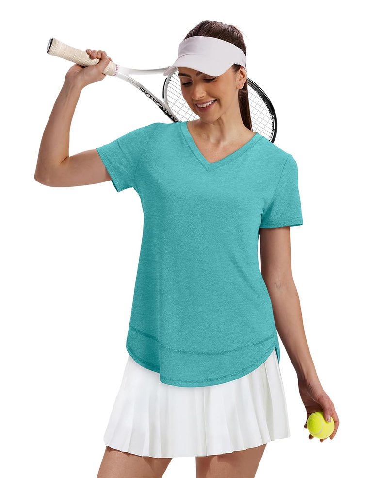 Workout Tops for Women Spring Summer Short Sleeve Golf Outfits Gym Essentials Activewear Running Shirts V Neck Aqua S
