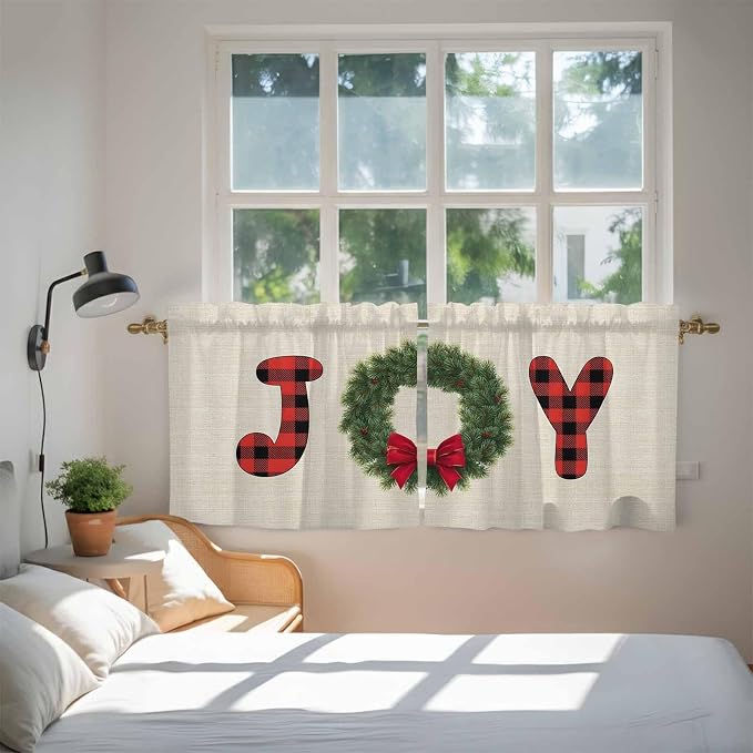 Red Green Christmas Kitchen Tier Curtains 24 Inch Long 2 Panel Set, Rod Pocket