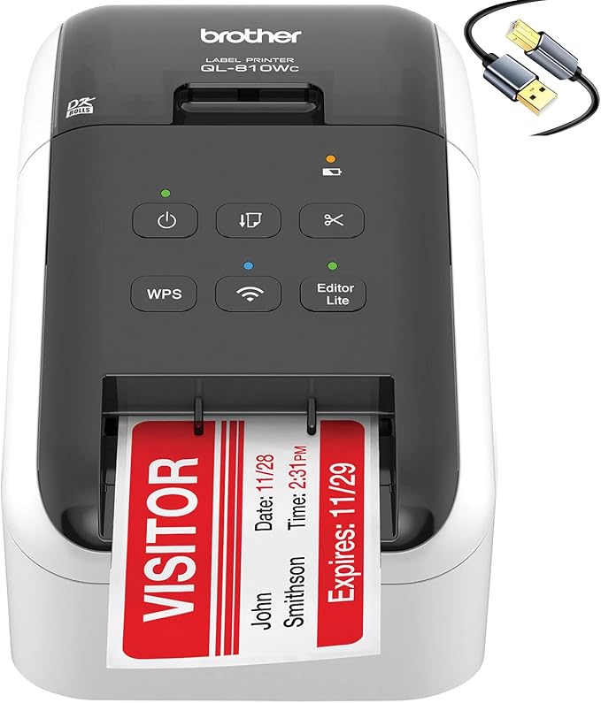 Brother QL-810Wc Direct Thermal Ultra-Fast Label Printer with Wireless Networking - 110 Labels Per Minute, 300 x 600 dpi, Auto Cut, USB-B, Includes 1 Roll of 400 Address Labels, Tillsiy Printer Cable