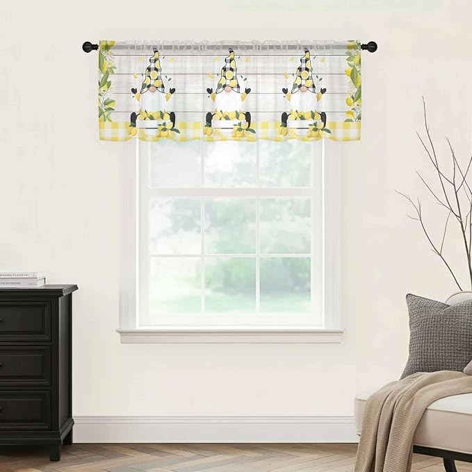 Lemon Dwarfs Sheer Valance Curtains, Gnome Green Leaf Wood Striped Black Plaid