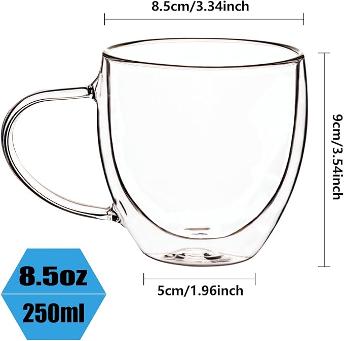Espresso Cups Set Of 2, Double Walled Glass Coffee Mugs with Handle,Insulated Layer Coffee Cups,Clear Borosilicate Glass Mugs,Perfect for Cappuccino,Tea,Latte,Espresso (8oz-2Pack)
