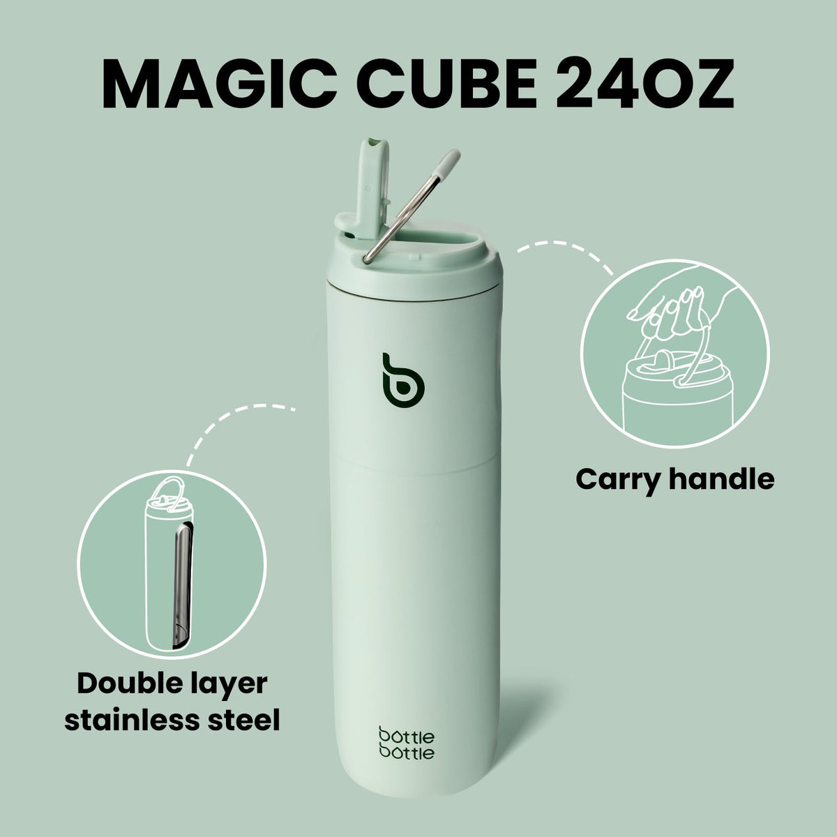 BOTTLE BOTTLE Insulated Water Bottle 24oz with Straw Lid and Handle for Sports Travel Gym Stainless Steel Water Bottles Double-Wall Vacuum Metal Leak Proof BPA-Free (Light Green)