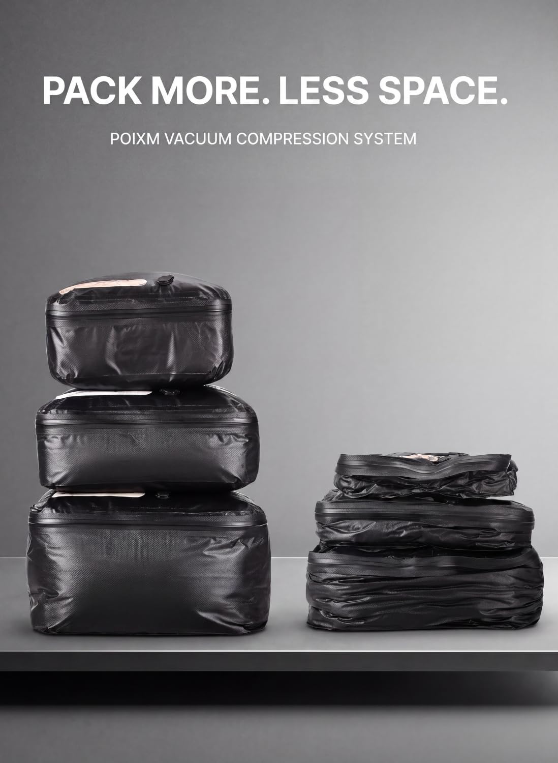 POIXM Vacuum Bags for Travel with Wireless Pump, 180° Open Zipper, IP67 Waterproof, Reusable Space Saver Compression Bags for Backpack, Suitcase, Home Storage(2 Pack + Pump)