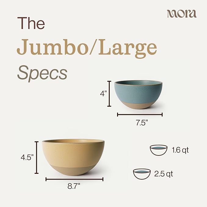 MORA Jumbo and Large Bowls Set of 2, 2.5 and 1.5 Qt Ceramic Pottery Mixing Bowls - Microwave and Dishwasher Safe - Merrigold & Iris