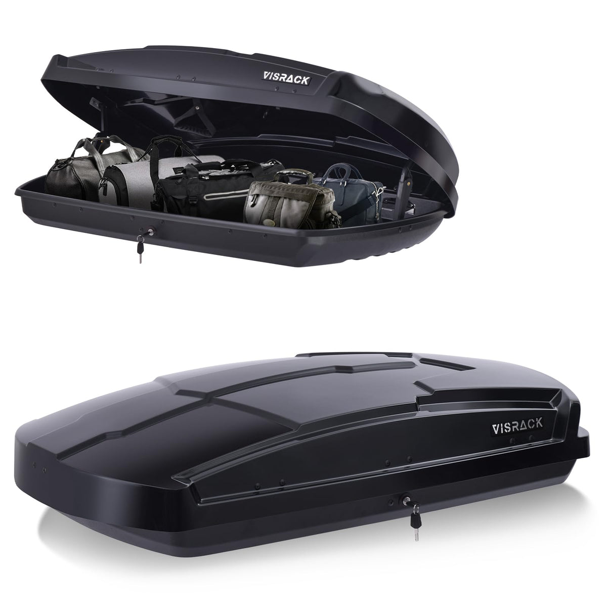VISRACK Hard Shell Roof Cargo Box Carrier with Security Keys,Heavy Duty Waterproof Rooftop Storage Box,58.3 (L) x35.4 (W) x 13(H) Inches,15.5 Cubic Feet (Tool-Free Install),Dual Side Opening,Black