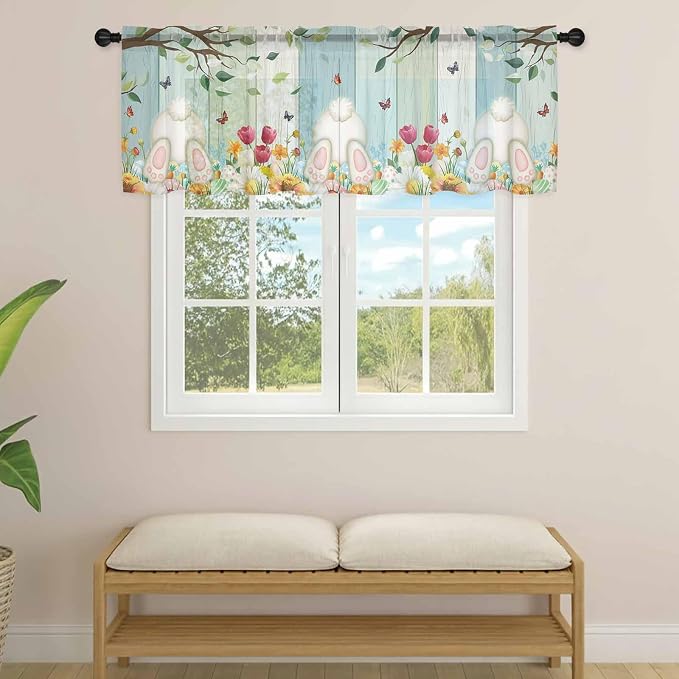 Easter Sheer Valances for Windows 60"x18", Light Filtering Kitchen Curtains