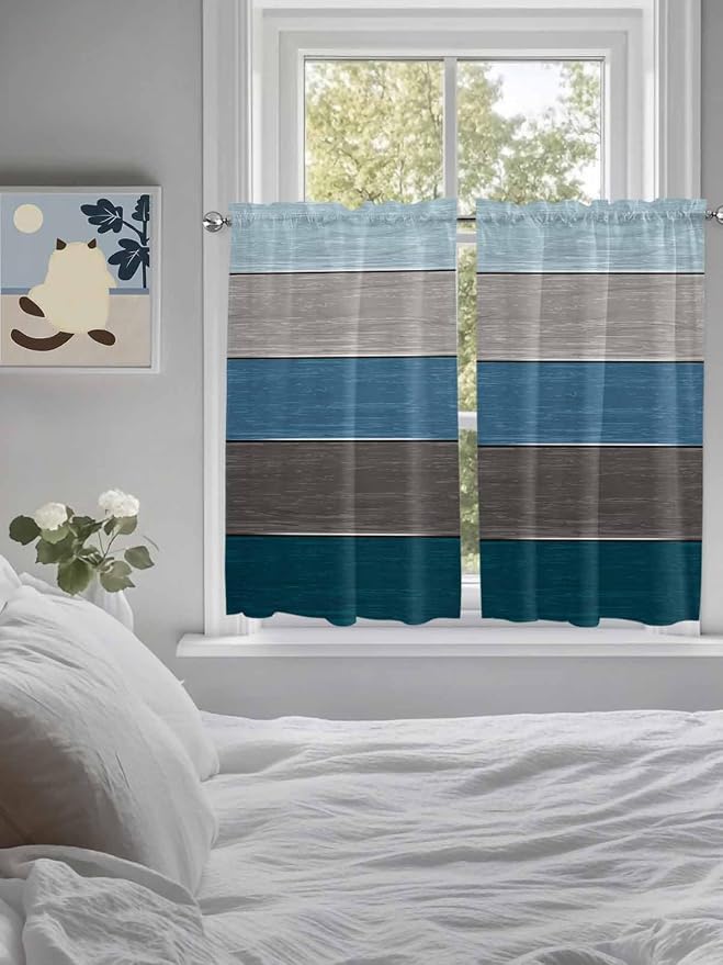 Retro Farm Blue Gray Wood Grain Window Valance Curtains, Rustic Wooden Plank