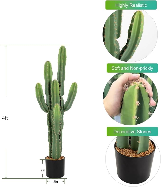 UV-Resistant Artificial Fake Cactus Plants 4ft – Large Faux Cowboy Cactus for Indoor & Outdoor Home, Office, or Garden Decor