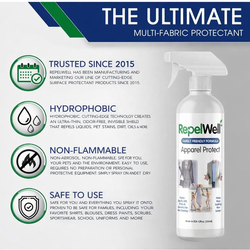 RepelWell Apparel Protect (12oz) Stain & Water Repellent Spray – Non-Toxic, Eco-Friendly, Pet-Safe Sprays for Clothing & More
