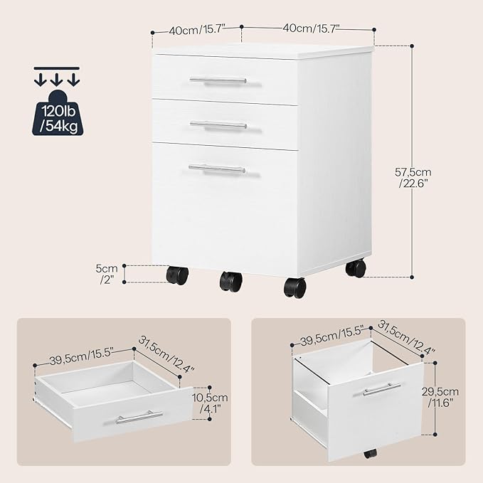 HOOBRO 3-Drawer File Cabinet, Wooden Under Desk Filing Cabinet, fits A4/Letter Size for Home Office, Small Rolling Storage Drawer Chest, Printer Stand with Drawers, White WW02WJ01G1