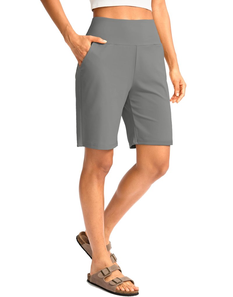 G Gradual Women's Bermuda Long Shorts with Pockets 9" High Waisted Knee Length Shorts for Women Walking Athletic Workout(Light Grey,S)