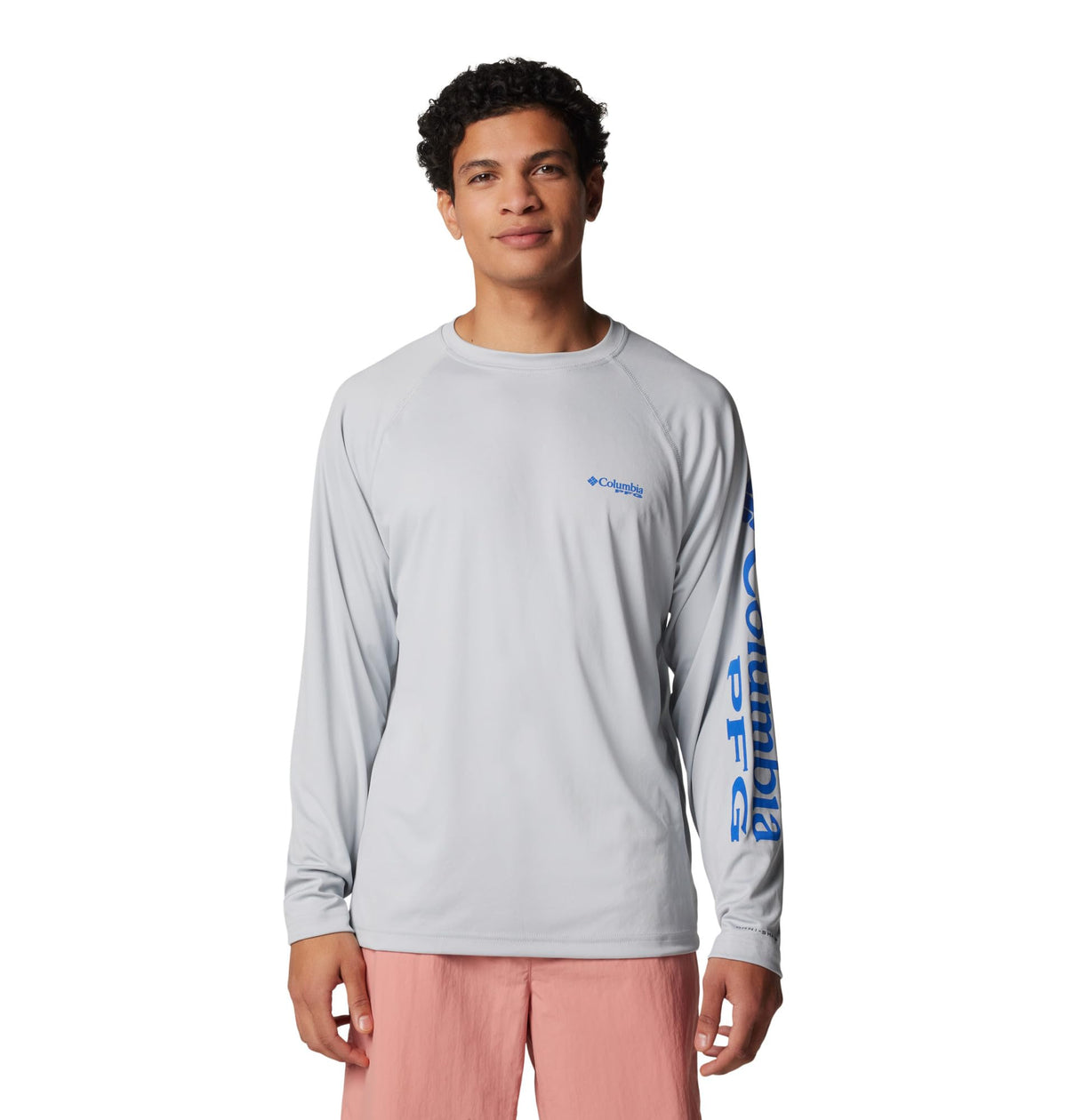 Columbia Men's PFG Terminal Tackle Long Sleeve Fishing Shirt, Cool Grey/Vivid Blue Logo, 3X Tall