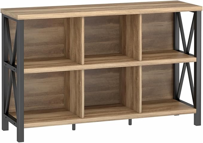 FATORRI 6 Cube Storage Organizer with Shelf, Long Wood and Metal Cubby Bookcase, Industrial Horizontal Bookshelf (Rustic Oak, 47 Inch)