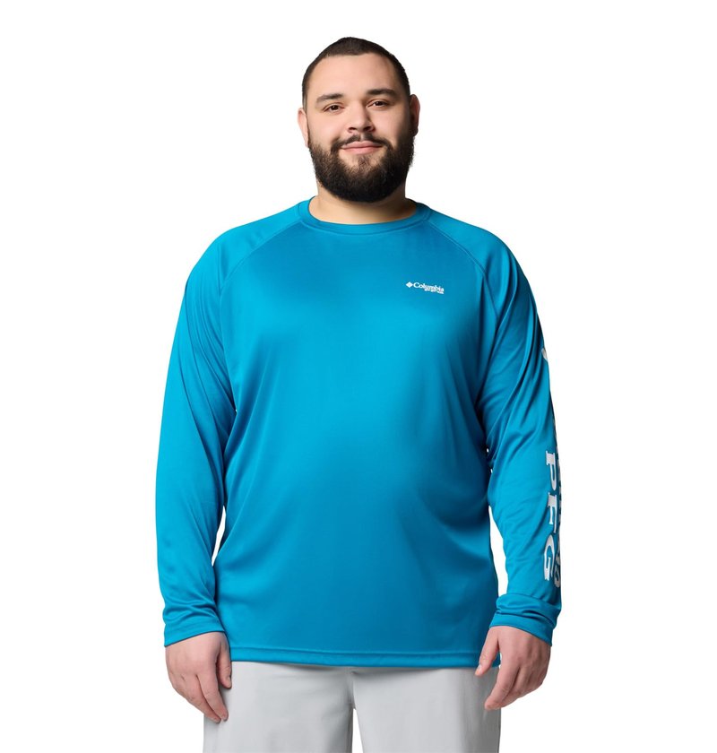 Columbia Men's PFG Terminal Tackle Long Sleeve Fishing Shirt, Blue Echo/White Logo, Large