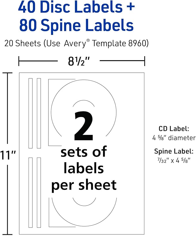 Avery Printable Full-Face CD Labels, Matte White, Permanent Adhesive, Laser/Inkjet Printable, 40 Disc & 80 Spine Labels, Ideal for CDs, DVDs, PC Discs, Media Projects & More (8960) (Pack of 5)
