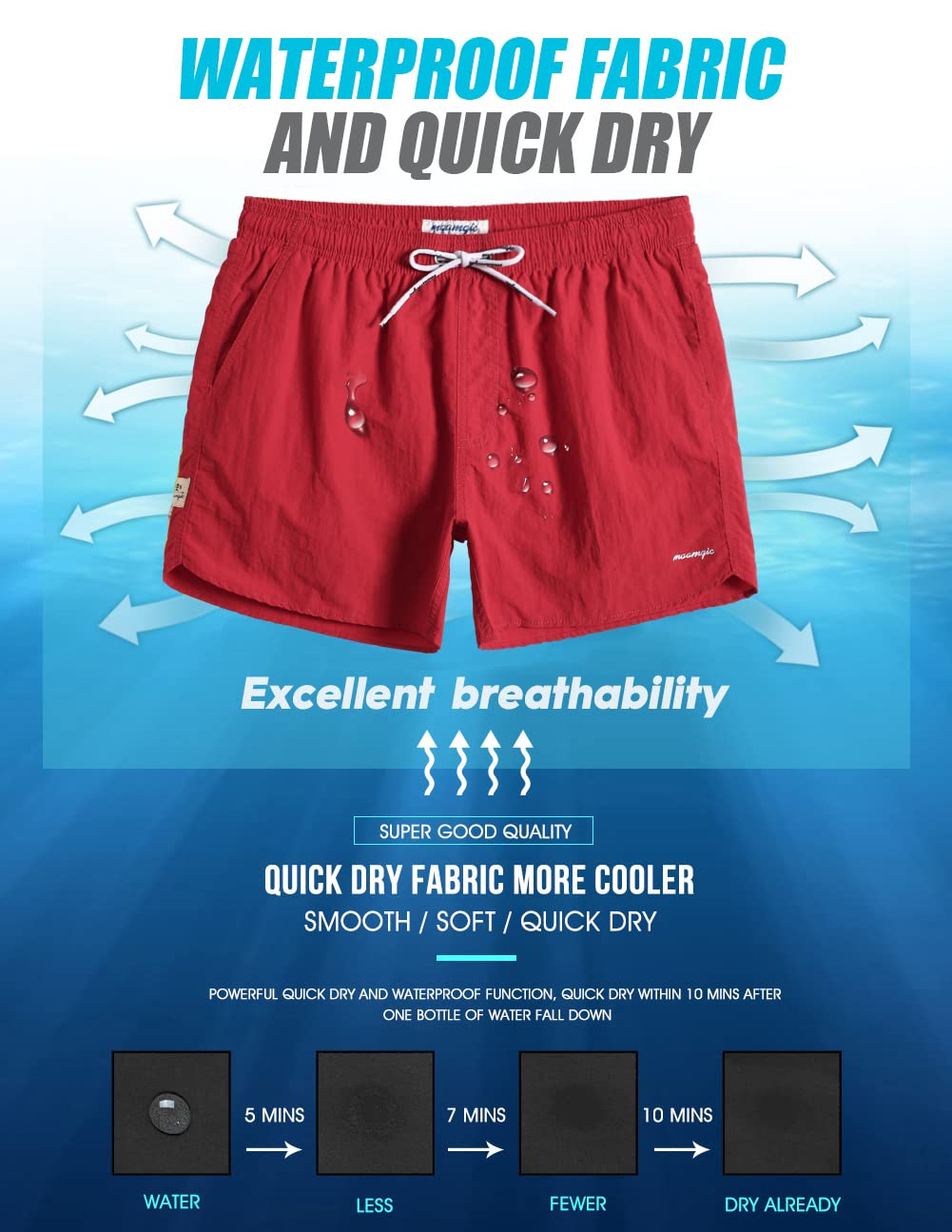 maamgic Mens Swim Trunks 5" with Mesh Lining Quick Dry Bathing Suits for Men Swim Shorts Swimwear Nylon Red Medium