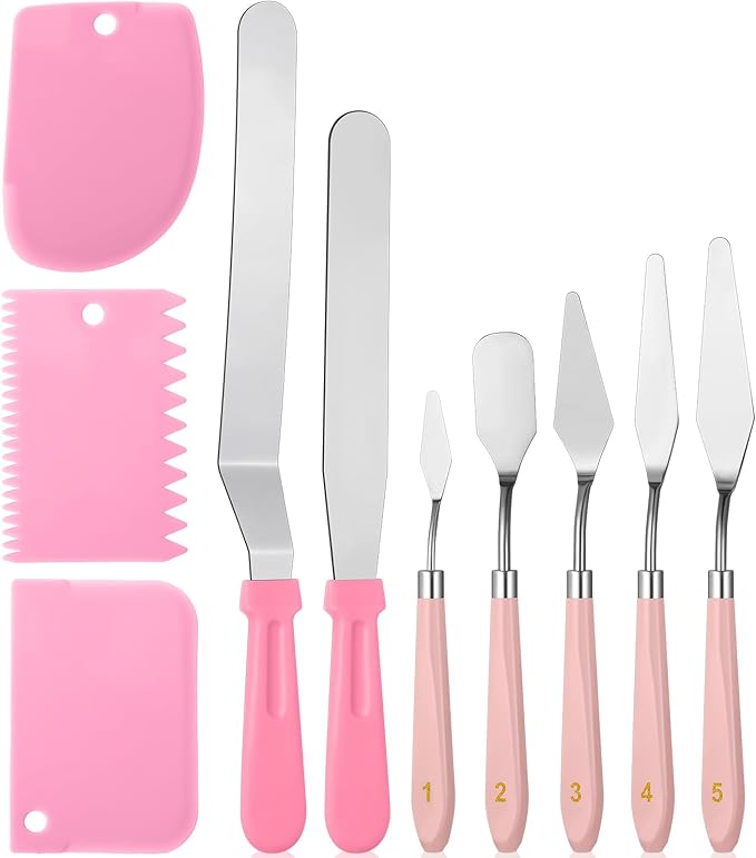 Leriton 10 Pcs cake spatula set Decorating Kit Baking Supply Accessories Tools for Beginners and Pros Includes 2 Frosting Straight Angled Spatula 3 Icing Smoother Scrapers 5 Pieces Cream tools(Pink)