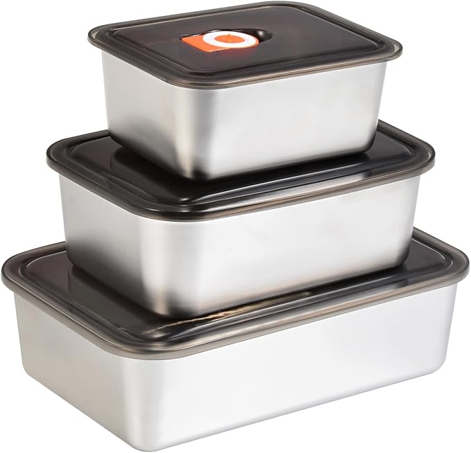 Kichwit Stainless Steel Lunch Box Container with Lid, Pack of 3 Bento Snack Boxes for Work, Travel or Picnics, Dishwasher Safe, 25oz, 45oz, 65oz