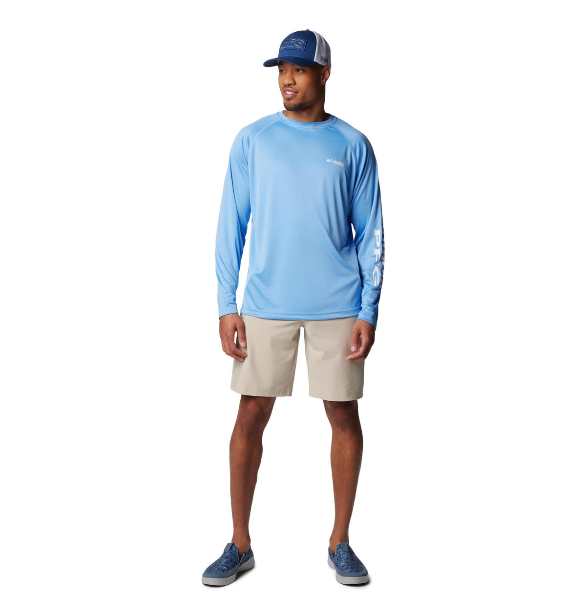 Columbia Men's PFG Terminal Tackle Long Sleeve Fishing Shirt, White Cap/White Logo, X-Small