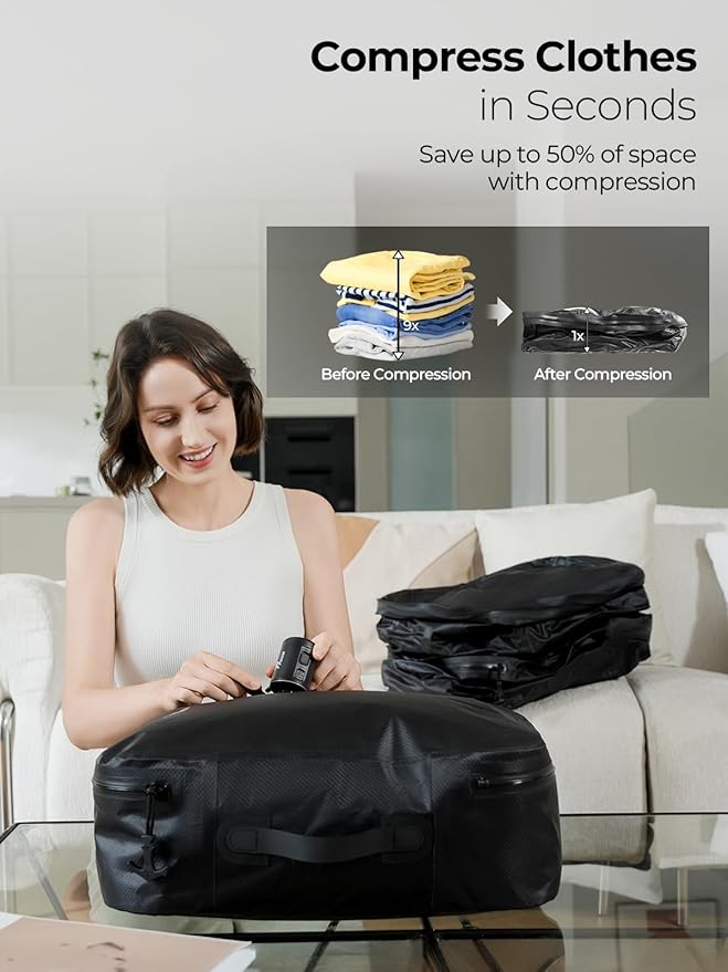 POIXM Vacuum Bags for Travel with Wireless Pump, 180° Open Zipper, IP67 Waterproof, Reusable Space Saver Compression Bags for Backpack, Suitcase, Home Storage(1 Pack)