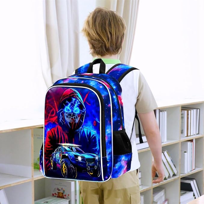 gxtvo 3PCS Boys Truck Backpack, 17" Kids Demon Bookbag with Lunch Box, Water Resistant Middle Elementary School Bag - Devil Man Truck
