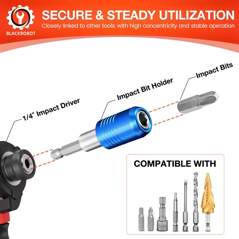 BLACKROBOT 4-Piece Magnetic Quick Change Impact Bit Holder, 2.5-Inch Drill Bit Extension for 1/4" Hex Drives, Ideal for Screwdriver Bits, Nuts, Drills and Socket Driver Adapters