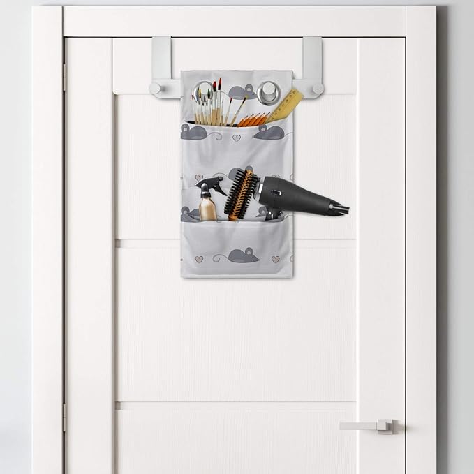 Ambesonne Mouse Hanging Pocket Organizer, Layout of Repetitive Rodents and Mini Hearts in a Hand Drawn Doodle Like Style, Printed Polyester Storage Bag with Pockets, 9" x 16", Dimgray and White