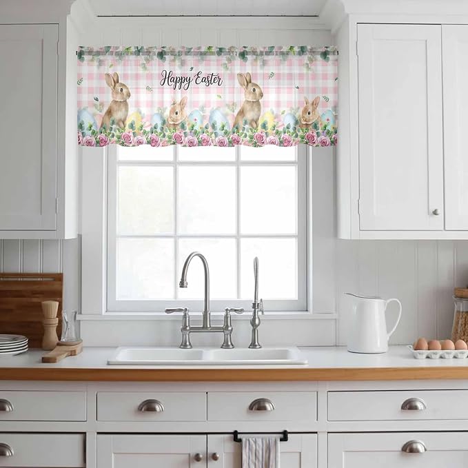 Easter Sheer Valances for Windows 42"x18", Light Filtering Kitchen Curtains