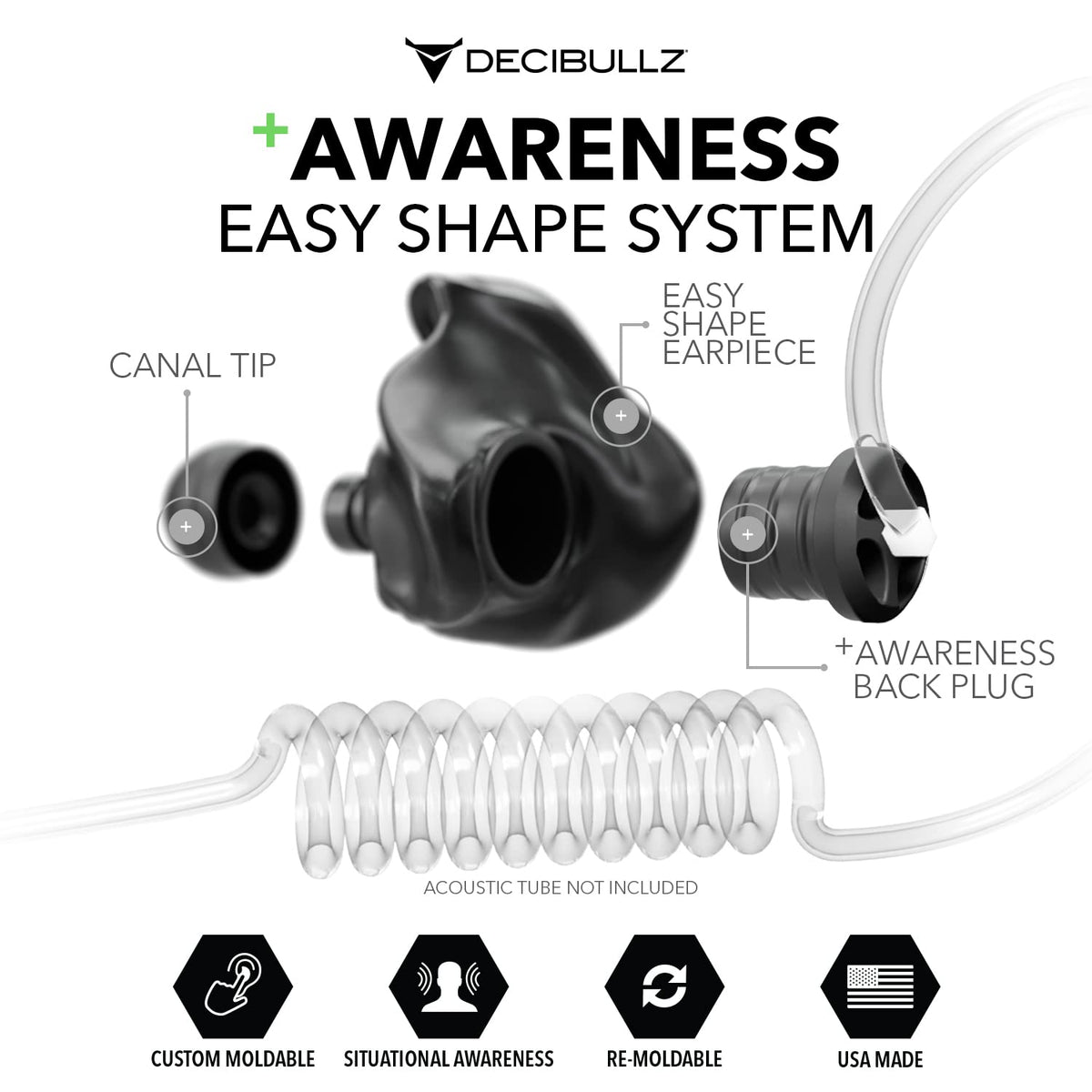 Decibullz Custom Moulded Security Two-Way Radio Surveillance Earpiece Set, Thermo-Fit Designed for Clear Acoustic Tube Radios | Model: +Awareness