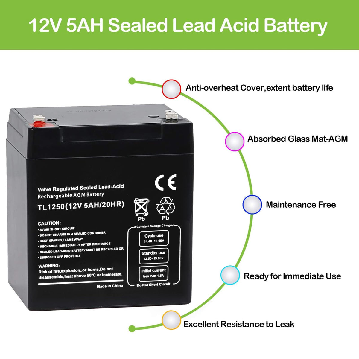Hykolity 12V 5 Amp Rechargeable Lead Acid Battery UB1250