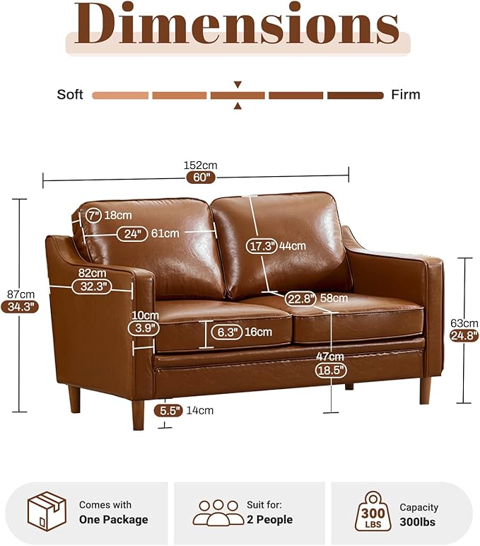 Kingfun 56" Faux Leather Sofa, Loveseat Couch, Mid Century Modern Love Seat Couches with Solid Wood Frame for Living Room & Bedroom, Dark Brown