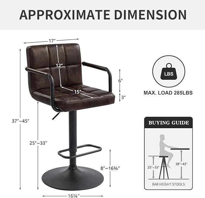 Furnimart 30" Faux Leather Upholstered Bar Stool, Adjustable Counter Stools Bar Chairs Modern Design Swivel Barstools Hydraulic Stools for Kitchen and Dining Room Set of 2 (Leather-BlackBrown)