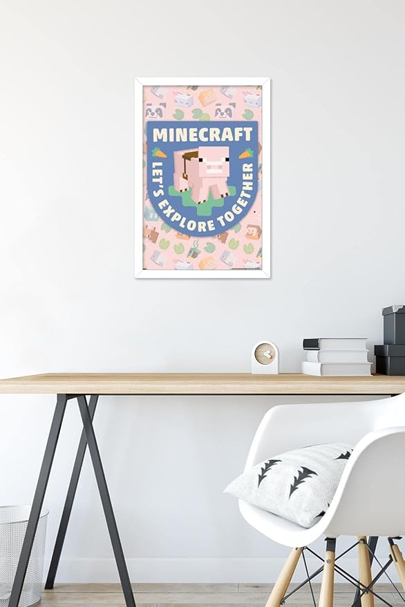 Trends International Minecraft - Let's Explore Together Wall Poster, 22.4L x 14.7W, White Framed Version