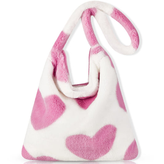 Fluffy Shoulder Tote Bag for Women White Furry Purse Handbag for Spring Easter Gifts(Pink)