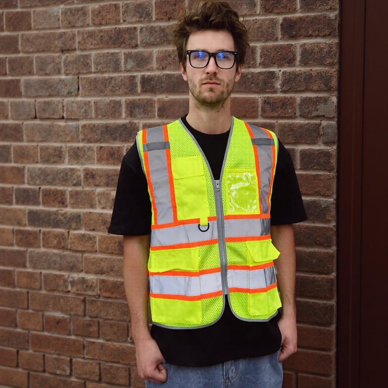 IDOU Yellow Reflective Safety Vest, High Visibility Work Vest for Men Women with 8 Utility Pockets, Zipper & Breathable Mesh/L