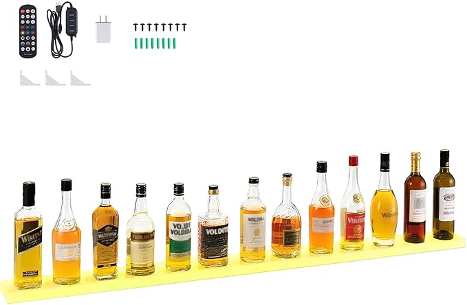 VEVOR LED Lighted Liquor Bottle Display, 1 Tier 60 Inches Whiskey Rack, Supports USB, Illuminated Home Bar Shelf with RF Remote & App Control, 7 Static Colors, Acrylic Lighted Shelf for 15 Bottles