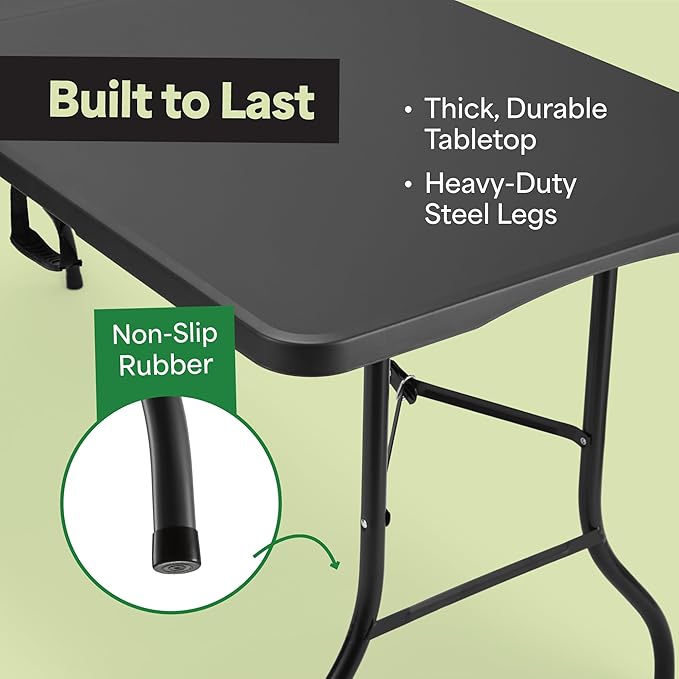 EconoHome Black 6ft Folding Table with Handle | Heavy-Duty Foldable Table | Portable Table for Indoor & Outdoor Use | Perfect for Events, Camping, Parties, Dining & More