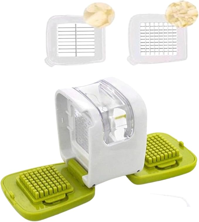 fghuim Garlic Press,Double cutting Crusher, Cutter, Mincer, and Storage Container (Green).