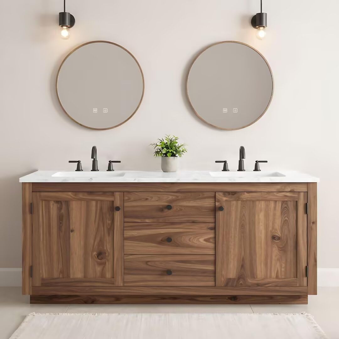 High QLO 80IN Bathroom Vanity - Modern Bathroom Vanity with Double Sink Includes Wood Grain Cabinet & Textured Countertop | American Retro Style,Round Smart Defogging Mirror