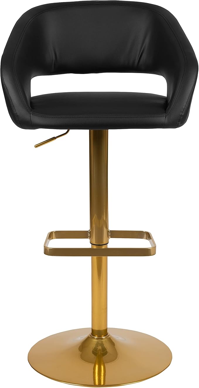 Flash Furniture Erik Contemporary Adjustable Height Barstool with Footrest and Rounded Mid-Back, Upholstered Bar or Counter Height Stool, Black/Gold