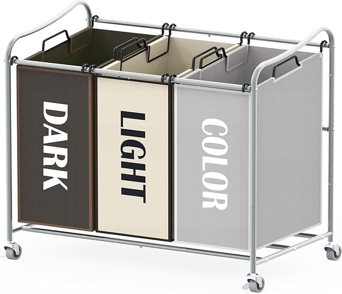 Simple Houseware Heavy Duty 3-Bag Laundry Sorter Rolling Cart, Silver/Assorted – Durable Triple Laundry Hamper with Removable Bags and Lockable Wheels for Laundry Room Organization