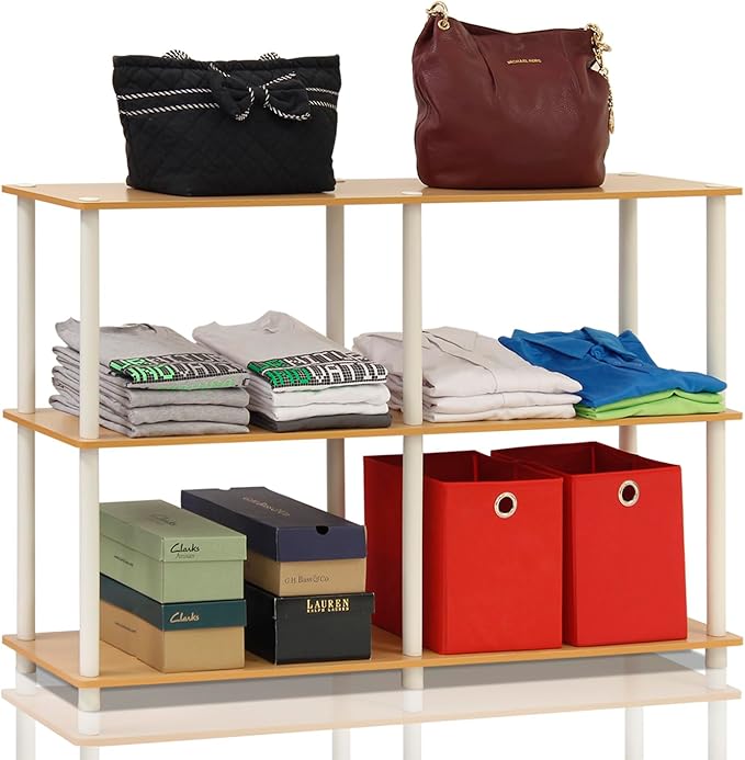 Furinno TURN-N-TUBE Storage Shelves, 3-Tier 47.4 Wide Book Shelf, Corner Shelf, Toolless Open Shelves, for Organization and Storage, Living Room, Garage, Home Office, Beech