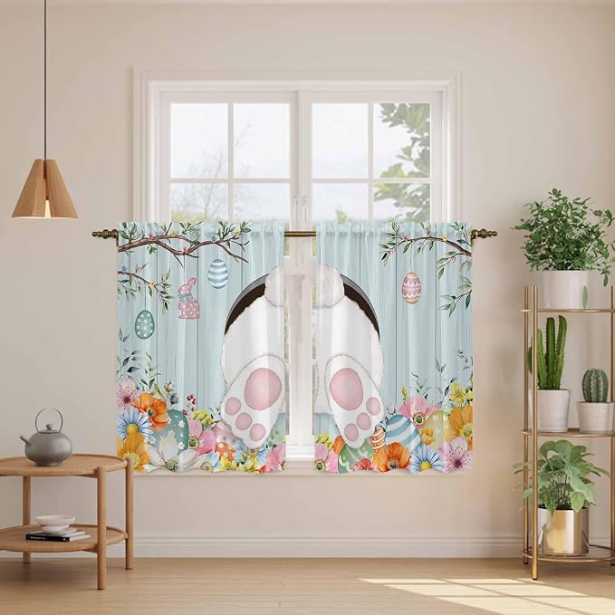 Easter Bunny Kitchen Curtains 54 Inch Long 2 Panel Set, Rod Pocket Window
